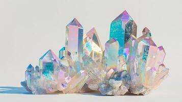 Translucent crystal formations with a delicate beauty, shimmering with iridescent hues against a pristine white backdrop photo