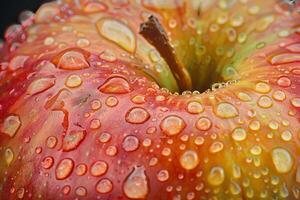 Clear water droplets on the surface of a freshly washed apple photo