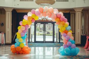 Colorful balloon arch framing a party entrance, inviting guests to celebrate photo