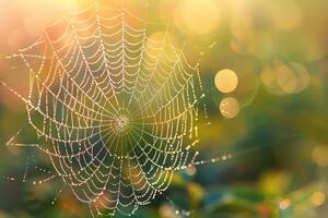 Sparkling dewdrops on a spider's web in the early morning light photo