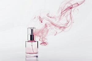 Fine mist spray against a soft transparent white backdrop, perfect for cosmetic designs photo