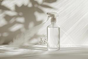 Air freshener spray against a soft transparent white surface, evoking cleanliness photo