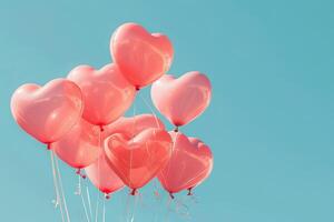Bunch of heart-shaped balloons released into the air, symbolizing love and affection photo