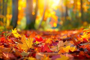 A vibrant autumn scene, with colorful leaves carpeting the forest floor and a crisp breeze in the air photo