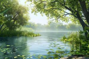 A tranquil riverbank, with gentle waters and lush vegetation photo