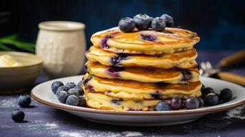 A stack of fluffy and mouthwatering blueberry pancakes photo