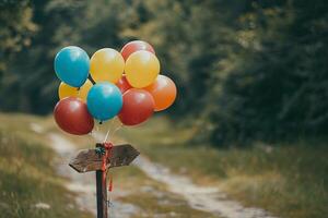 Bunch of balloons tied to a signpost, directing guests to a party or event venue photo