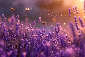 A vibrant field of lavender, with fragrant blooms and buzzing bees photo