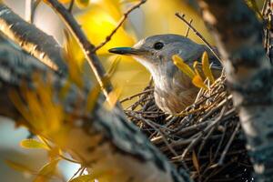 Close up of a bird building its nest in a tree, illustrating the importance of habitat conservation photo