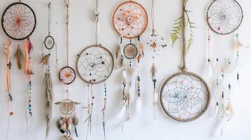 Boho-chic dreamcatchers with eclectic designs and natural elements add a sense of bohemian flair to designs on white photo