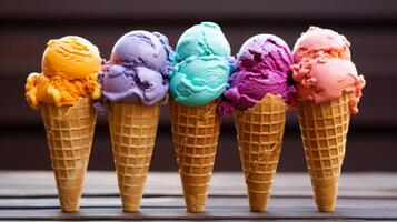 A waffle cone filled with scoops of rainbow sherbet photo