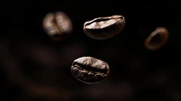 Dramatic silhouette of floating coffee beans captured in mid-air photo