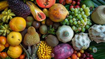 A colorful assortment of fruits and s, including bananas, apples, grapes, and tomatoes. Concept of abundance and freshness, showcasing the variety of produce available photo