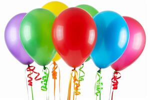 Bunch of vibrant balloons tied together with colorful ribbons, ideal for party decorations photo