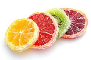 Frozen fruit slices with frosty edges against a soft transparent white background, ideal for healthy lifestyle concepts photo