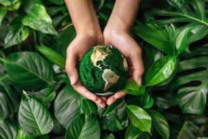 Hands holding a globe surrounded by leaves, representing global efforts for environmental conservation photo