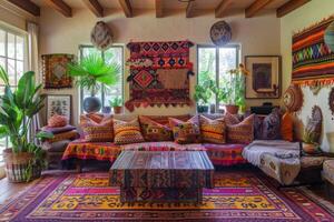 Bohemian living room with eclectic textiles and vibrant patterns photo