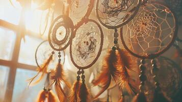 Bohemian dreamcatchers with intricate patterns and earthy tones create a serene and peaceful atmosphere against white photo