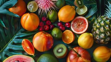 A colorful assortment of fruits including oranges, kiwis, and apples. Concept of abundance and freshness photo
