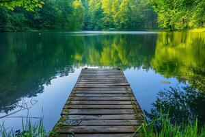 Tranquil pond with a wooden dock extending into the calm water photo