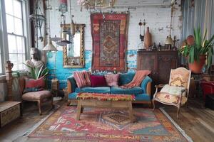 Boho chic urban living room with vintage furniture and eclectic accessories photo