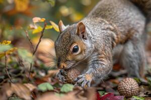 Close up of a squirrel foraging for acorns in a forest, showcasing the role of small mammals in seed dispersal photo