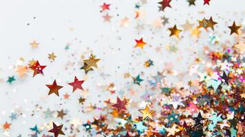 Glittery confetti stars twinkling brightly against a blank white backdrop photo
