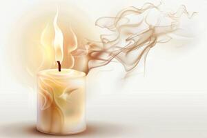 Burning candle with a mesmerizing flame on a transparent white backdrop, perfect for meditation and relaxation photo
