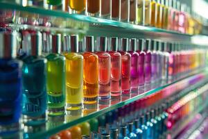 Rainbow-colored nail polish bottles transparently arranged on a shelf photo