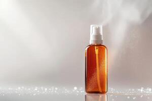 Body spray mist on a soft transparent white backdrop, ideal for personal care product promotions photo