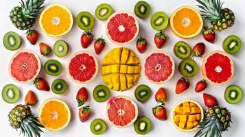 A colorful fruit salad with a variety of fruits including kiwi, oranges, and strawberries photo