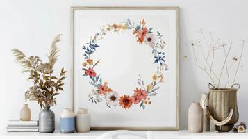 Bohemian-inspired floral wreath artwork with a minimalist color palette for a clean and modern look on white photo