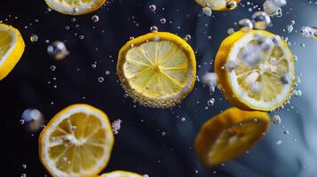 Elegant poster featuring floating lemon slices against a dark background photo