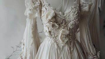 Bohemian wedding gown design pattern with flowing chiffon layers and intricate crochet detailing photo