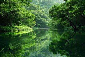 Tranquil scene of a peaceful lake surrounded by lush greenery, offering a moment of serenity photo