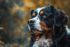 Gentle Bernese Mountain Dog with tri-color coat and friendly disposition, perfect for outdoor-themed designs photo