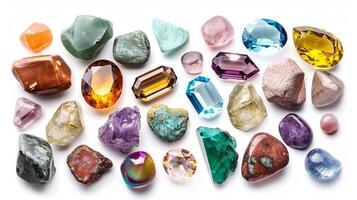 Glistening gemstones offering a glimpse into the wonders of the earth against a pure white backdrop photo