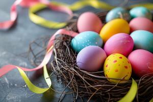 Colorful Easter eggs arranged in a decorative nest with ribbon accents photo