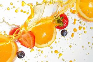 Fruit juice splatter against a soft transparent white backdrop, ideal for refreshing graphics photo