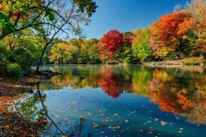 Tranquil lake reflecting the vibrant colors of the surrounding trees photo