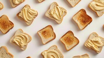 Floating slices of bread with spreads captured from above photo