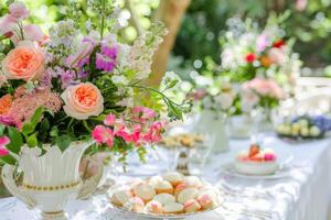 A table is set with a variety of desserts and flowers, creating a warm and inviting atmosphere. The table is covered with white tablecloths and plates photo