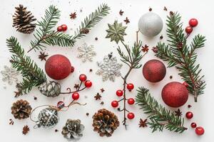 Traditional Christmas decorations on a transparent white canvas, ideal for festive cards photo