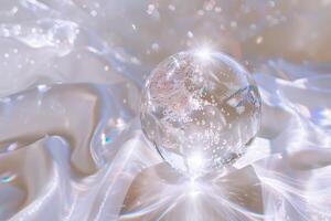 Sparkling crystal ball sparkles shimmering against a transparent white backdrop, perfect for mystical and magical concepts photo