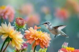 Close up of a hummingbird sipping nectar from a flower, showcasing the intricate relationships in nature photo