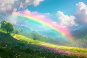 Bright rainbow emerging after a rainstorm, bringing a sense of wonder and awe photo