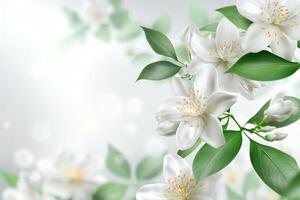 A white flower with green leaves is the main focus of the image photo