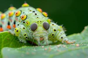 Close up of a caterpillar munching on a leaf, showcasing the role of insects in food chains photo