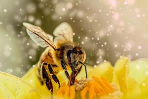 Close up of a bee carrying pollen back to its hive, illustrating the importance of bees in agriculture photo