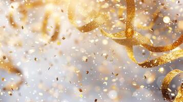 A gold streamer with glittery confetti falling from it. The scene is lively and celebratory, suggesting a party or a special event photo